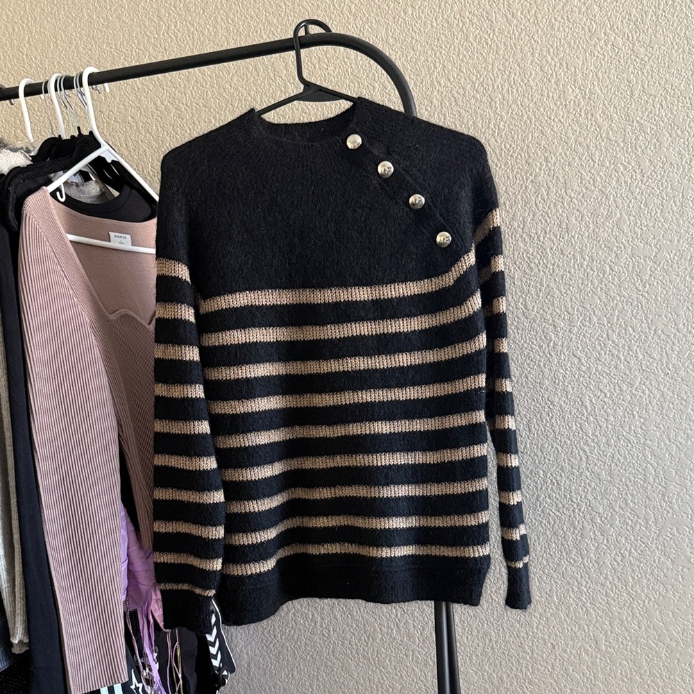 Sezane Striped Black and Tan Sweater